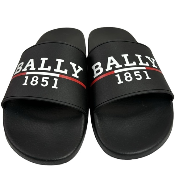 BALLY NWT MEN’S BLACK WHITE RED SLIDES SANDALS SIZE 11 / 44 MADE IN ITALY - Picture 2 of 9